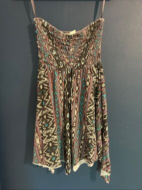 Y2K Billabong Strapless Smocked Dress in Gray, Teal & Coral